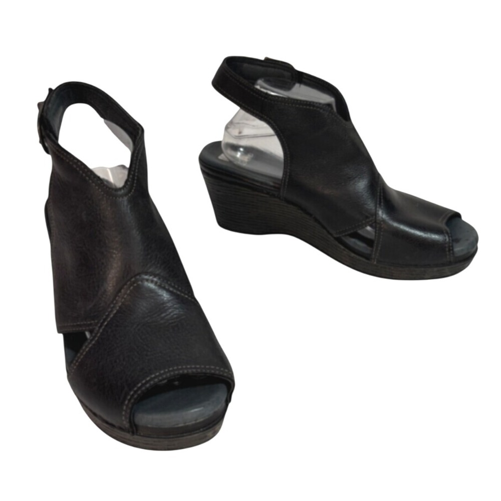 Dansko Black Leather Wedge Sandals Open Toe Slingback EU 42 Hook & Loop Closure